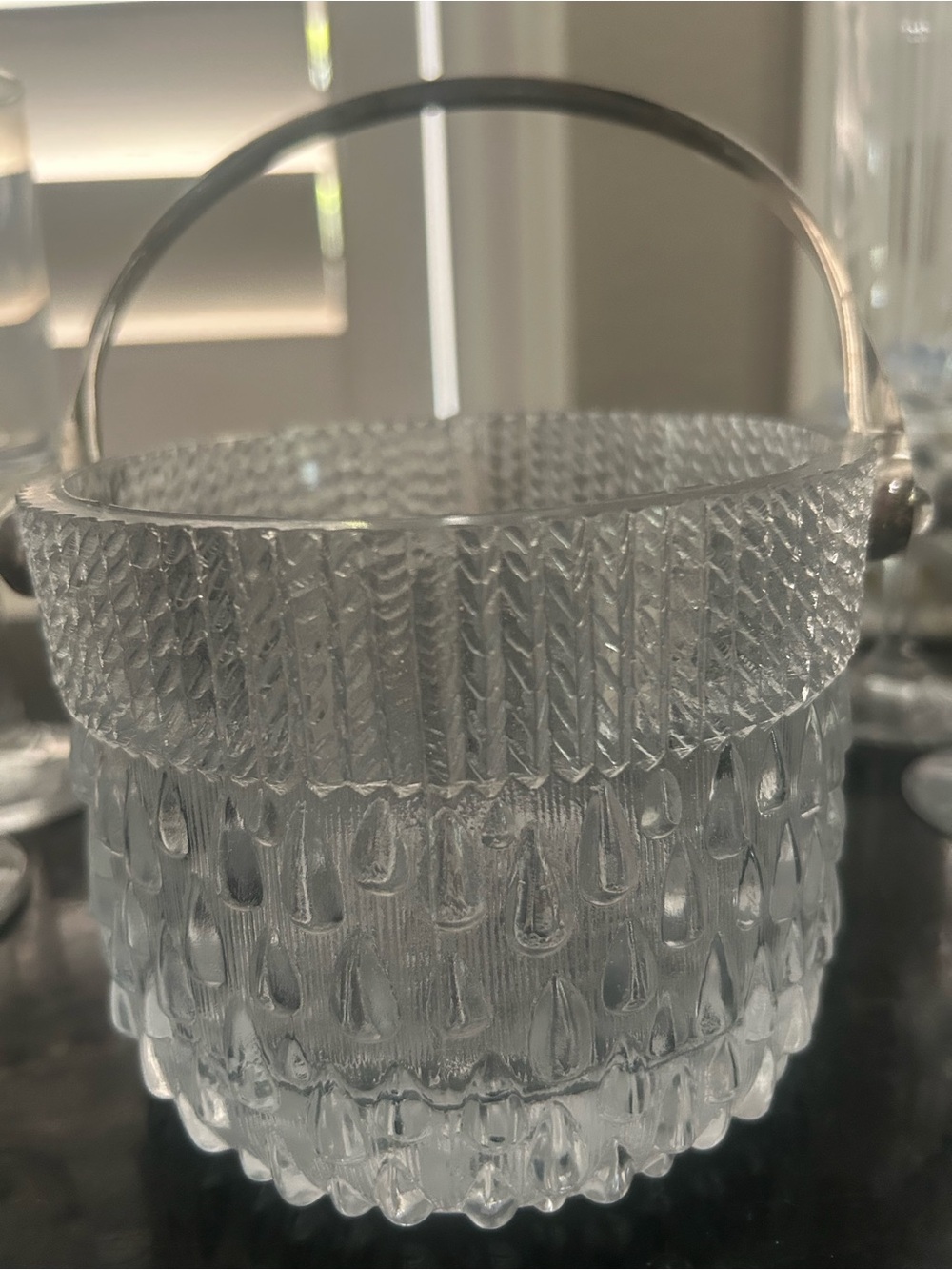Vintage Clear Textured Glass mini Ice Bucket with Silver Handle